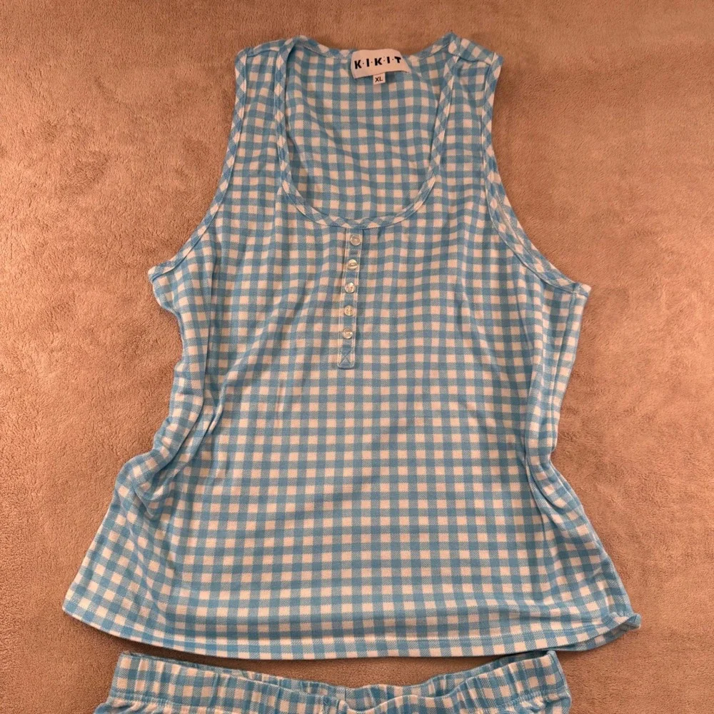 KIKIT Gingham Pajama Set Blue White Henley Tank Shorts Loungewear Sz XL